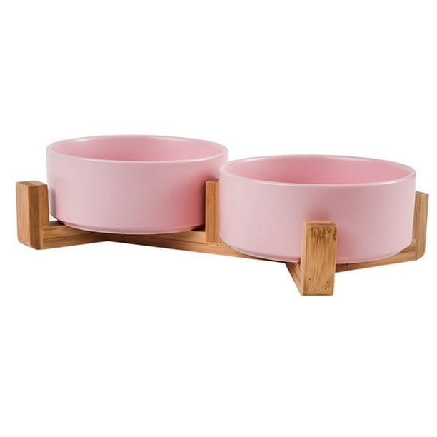 Cuencos para mascotas, juego de cuencos de cerámica para perros y gatos con soporte de madera para comida y agua, cuencos antideslizantes y bonitos para mascotas.