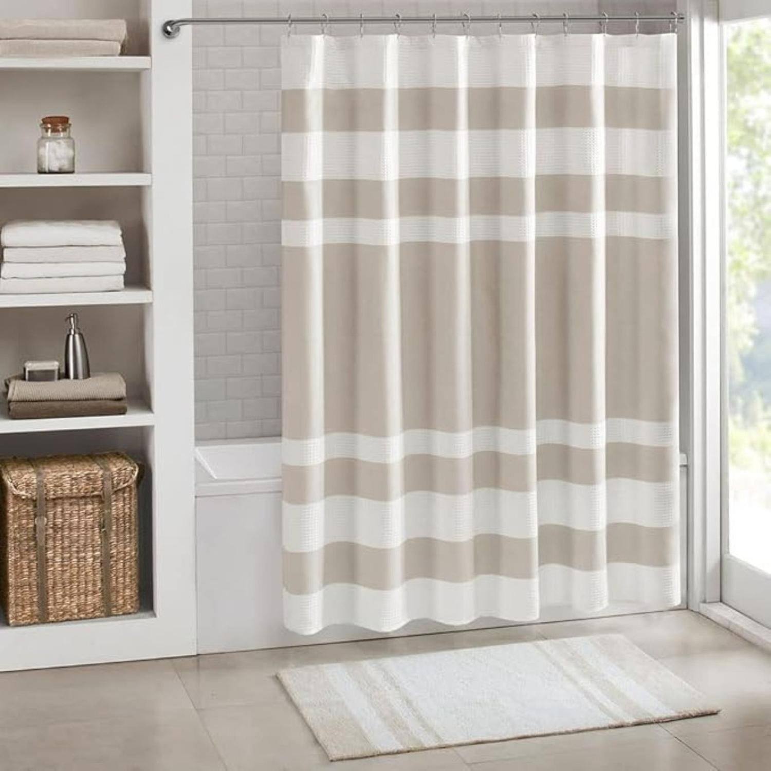 Cortina De Baño Diseño Impermeable Tela Bano + 12 Ganchos Aura Zeus Beige