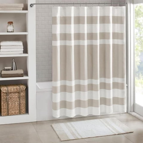 Cortina De Baño Diseño Impermeable Tela Bano + 12 Ganchos Aura Zeus Beige