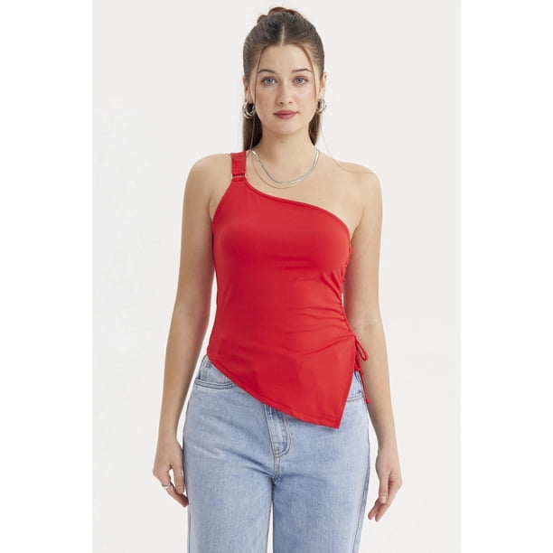 Polera Mujer Escote Y Basta Asimétrica Rojo Oscuro