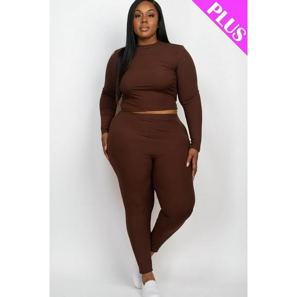 Saronite Conjunto de 2 Piezas de Top y Leggings de Manga Larga con Cuello Alto y Punto Acanalado Básico, Color Café (Talla Grande para Mujer)