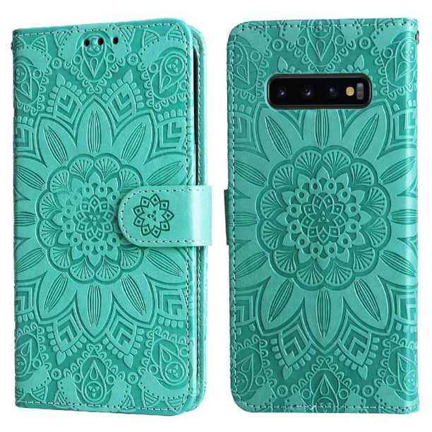 Funda tipo cartera FOXDOCK para Samsung Galaxy S10 , diseño girasol en relieve, cuero PU, cierre magnético, soporte y tarjetero