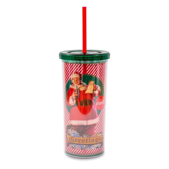Vaso de plástico con forma de saludo navideño de Papá Noel de Coca-Cola con tapa resistente a derrames y pajita reutilizable, con capacidad para 20 onzas