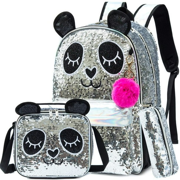 3PCS Backpack for Girls 16" 3pcs School Backpacks with Lunch Box for Elementary Students Travel Sequin Backpack for Girls