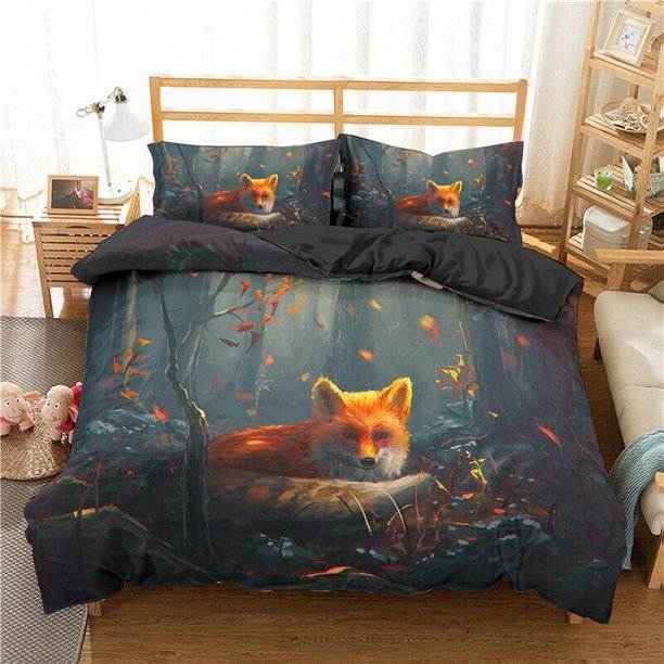 Cute Fox Painting Quilt Duvet Cover Set Children Bedding Super Double 3-Piece Bedding Set