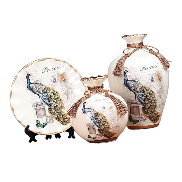 de 3 jarrones de cerámica decorativos clásicos chinos, decoración de pavo , licencia oscilante, jarrón de cerámica precioso, jarrón floral para