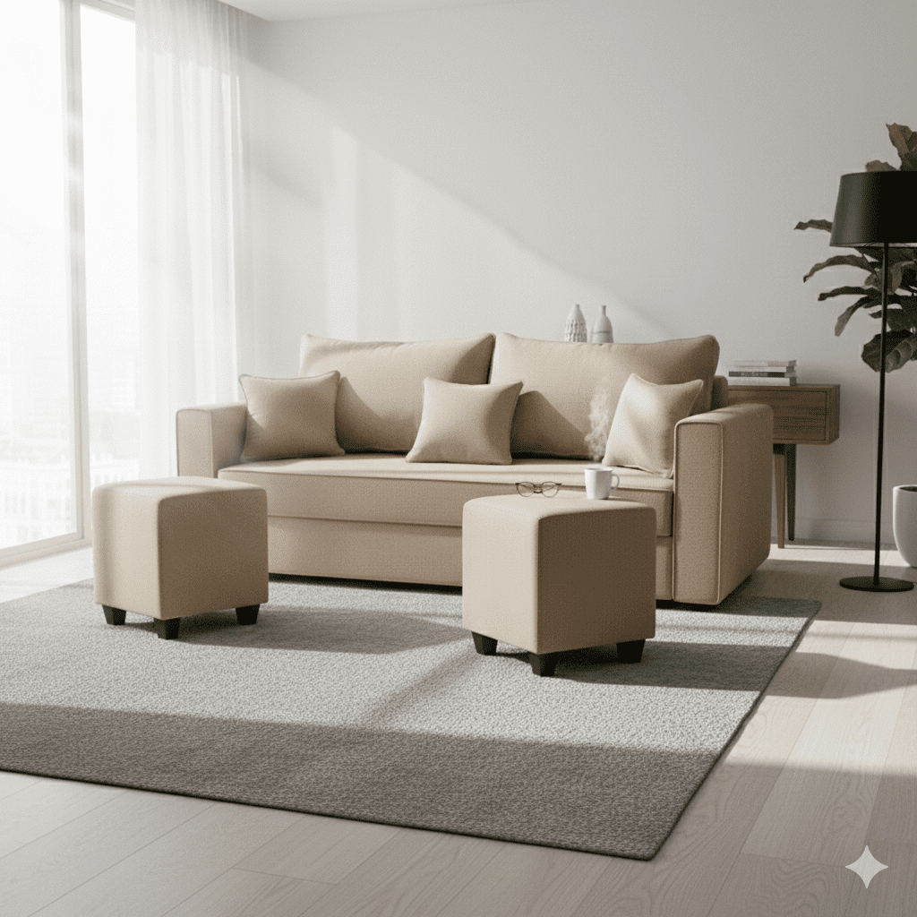 Construmuebles - Living Aurelia 3 Cuerpos + 2 Pouf Tela Beige