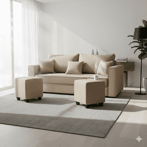 Construmuebles - Living Aurelia 3 Cuerpos + 2 Pouf Tela Beige