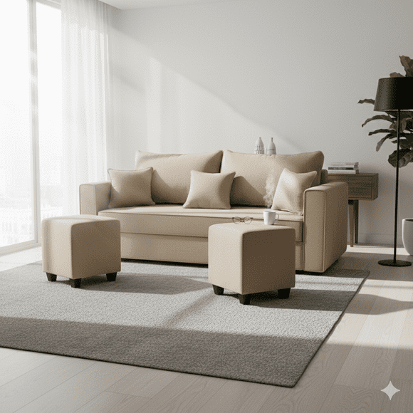Living Aurelia 3 Cuerpos + 2 Pouf Tela BEIGE