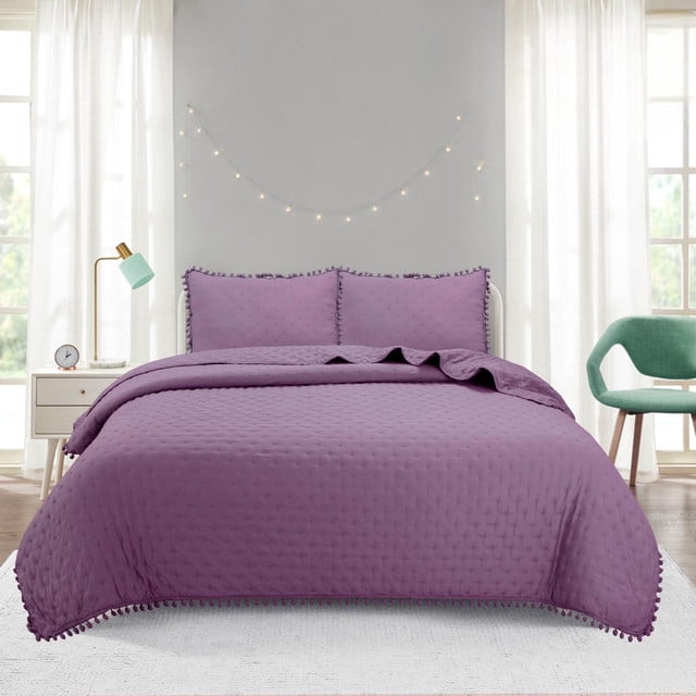 Top Lucky - Cubrecama De Algodon 2 Plazas Pompon Morado