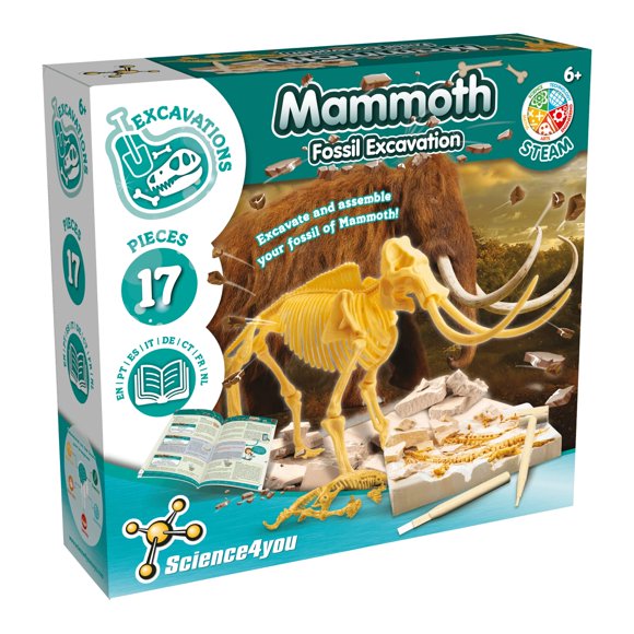 Science4you Kit de excavación de fósil de mamut dinosaurio - Excava y ensambla 17 huesos de dino mam