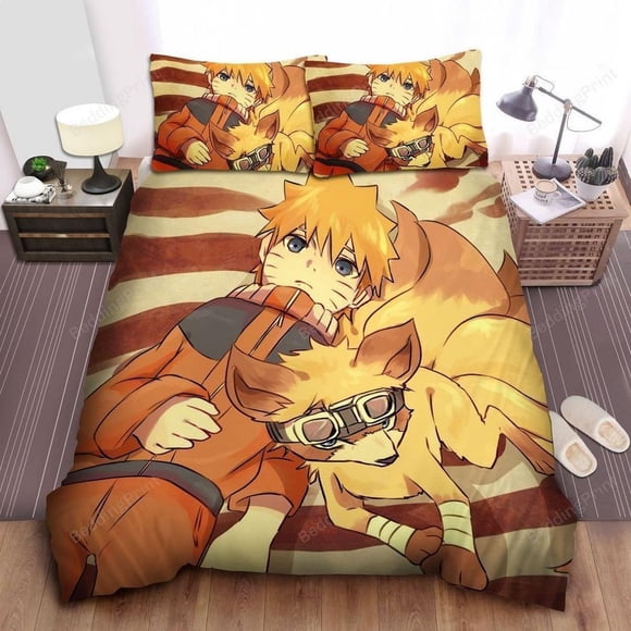 Kid Naruto And Nine Tails Kyuubi Drawing Quilt Duvet Cover Set Bedding Bed Linen3-Piece Bedding Set