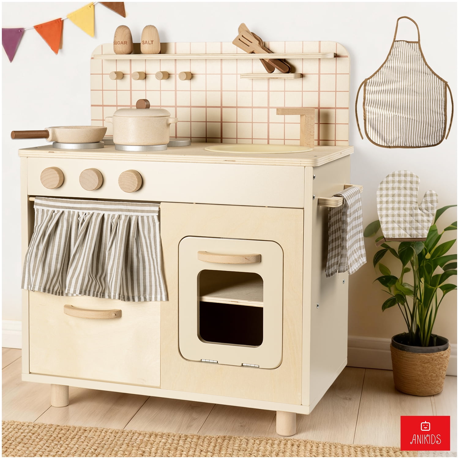 Anikids - Cocina De Madera Infantil Estilo Rústico Juguete Para Niños Beige