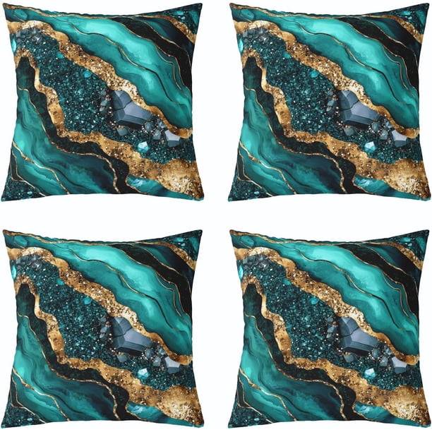 Fundas cojín mármol turquesa 4 uds 45x45 cm abstracto dorado negro bronce lentejuelas