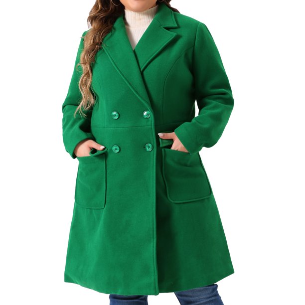 Abrigos largos de invierno para mujer de talla grande Agnes Orinda con solapa de muesca y doble botonadura, gabardina 2X verde
