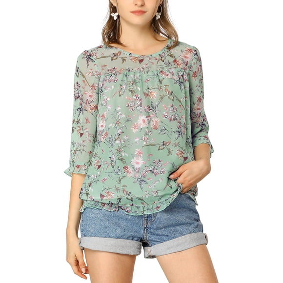 INSPIRE CHIC Camisas de Mujer de Manga 3/4 Blusas de Gasa Floral Verde Menta L