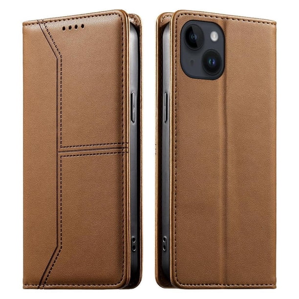 Funda tipo cartera con bloqueo RFID para iPhone 15 Plus cubierta magnética de cuero con tapa y soporte Marrón