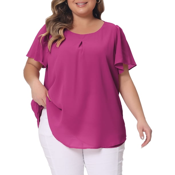 Blusa de gasa de talla grande para mujer de Agnes Orinda, camisa de doble capa, cuello redondo, mangas cortas con volantes, tops casuales para el trabajo, 4X, púrpura