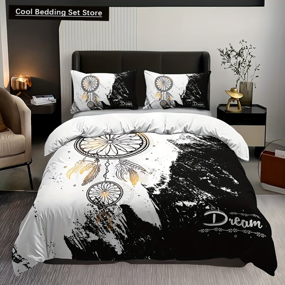Chic Black & White Dreamcatcher Bedding Set-Breathable Soft Easy-Care 3-Piece Duvet Cover Pillowcases for All-Season Comfort Bed Sheets