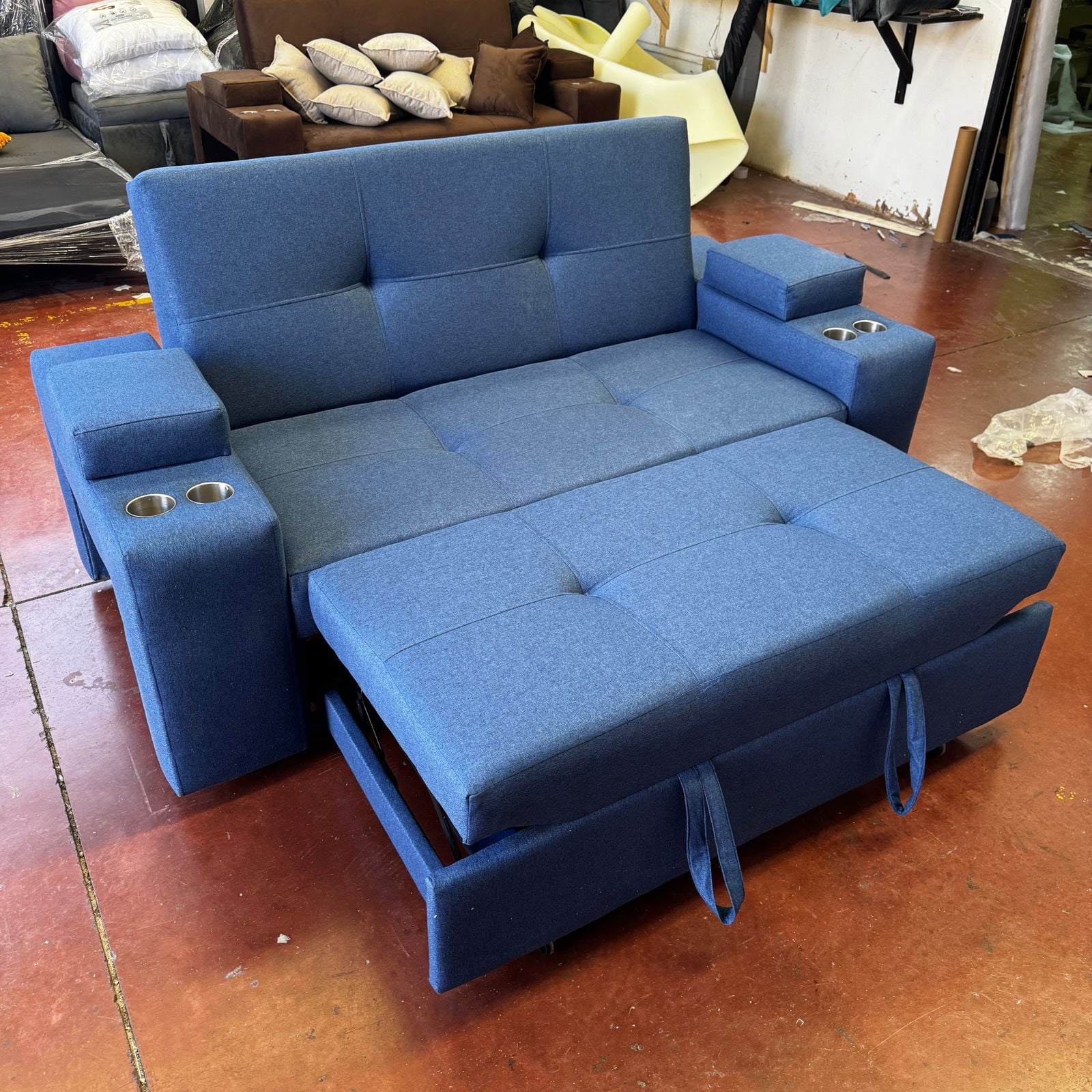 Camila Home - Sofá Cama Azul Rey Lino Elite 2 Plazas Con Puffs Y Respaldo Reclinable