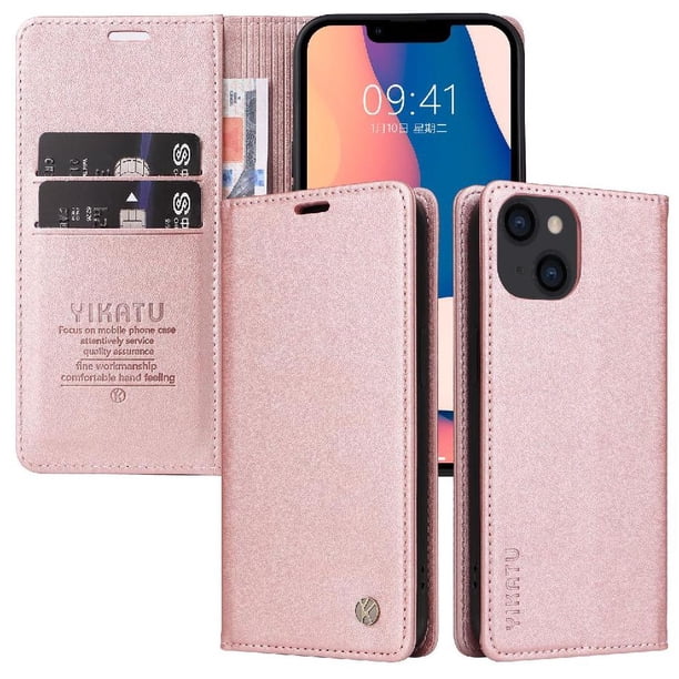 Funda Billetera de Cuero para iPhone 14 con Tarjetero y Soporte - Tapa Magnética Rosa