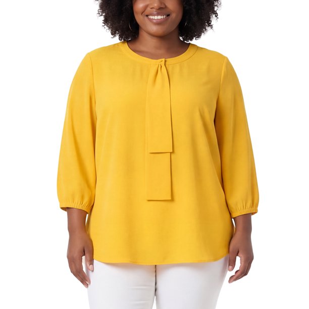 Agnes Orinda Blusa de Chifón con Volantes y Cuello Redondo para Mujer de Talla Grande para Escuela, Universidad o Trabajo 1X Amarillo