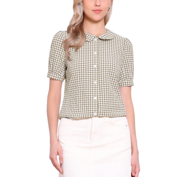 INSPIRE CHIC Camisa a Cuadros de Regreso a Clases para Mujer con Cuello Peter Pan, Manga Corta Abullonada, Botones Abajo, Blusa de Gingham, Marrón Claro S