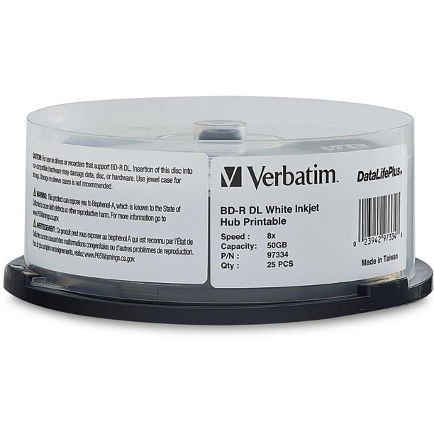 Discos BD‑R DL Verbatim de 50 GB 120 mm imprimibles por inyección de tinta – paquete de 25