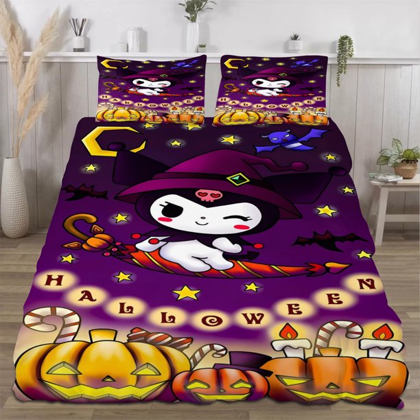 Halloween Hello_Kitty_ Quilt Set FullSoft Lightweight Quilts Quilted Bedspreads3 Pieces Set Queen SizeColorful Cartoon Print All Season 173*218CM