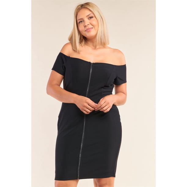 Vestido Mini Ajustado con Hombros Descubiertos y Cremallera Frontal de Talla Grande