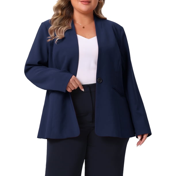 Blazer de Talla Grande para Mujer de Agnes Orinda, Chaqueta de Negocios Casual con Botones, Sin Cuello, de Manga Larga, con Bolsillos, 2X Azul Marino