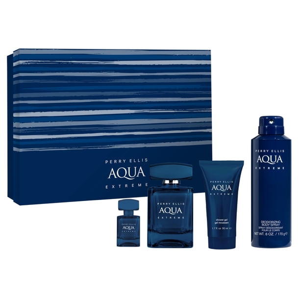 SET PERRY ELLIS AQUA EXTREME (4 PIEZAS) 3.4 OZ EDT / 6.8 OZ DESODORANTE CORPORAL EN SPRAY /1.7 OZ GEL DE DUCHA + MINI