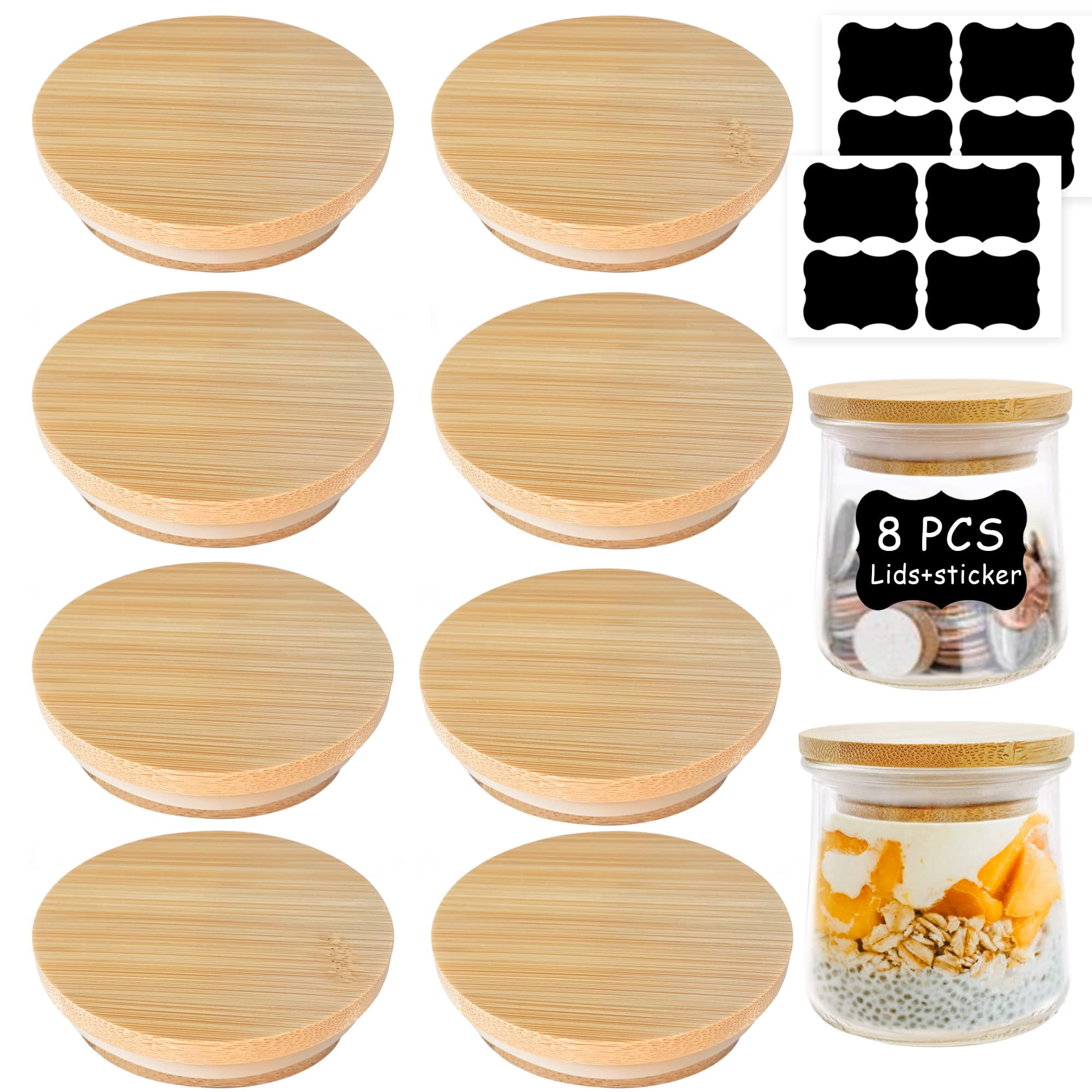 Kikiniko - Tapas Para Tarros De Yogur Oui, 5 Onzas, Paquete De 8 Unidades, Madera De Bambú Natural
