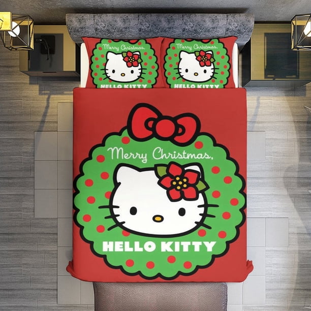 Merry Christmas Hello Kitty 3 Pieces Duvet Cover Set Full Size Super Soft Fade Resistant Microfiber