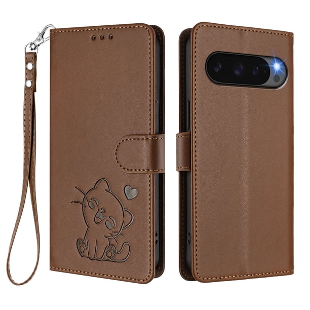 Funda de Gato tipo Libro para Google Pixel 9 Pro XL 5G, Marrón