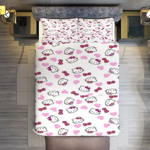 Pink Bow Hello Kitty Comforter Twin SizeComforter Set for Kids Girls3Pcs Bedding Set Printed Comforter with 2 PillowcasesDown AlternativeSoft and Lightweight Bed Sheets