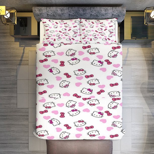 Pink Bow Hello Kitty Comforter Twin SizeComforter Set for Kids Girls3Pcs Bedding Set Printed Comforter with 2 PillowcasesDown AlternativeSoft and Lightweight Bed Sheets