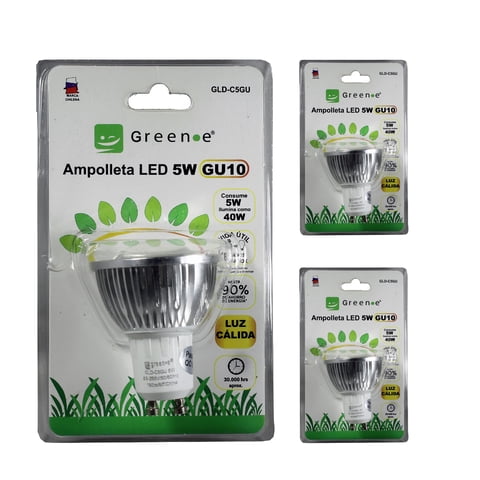 Green E - Ampolleta Led Gu10 / Luz Cálida 5W / Pack 3 Unidades