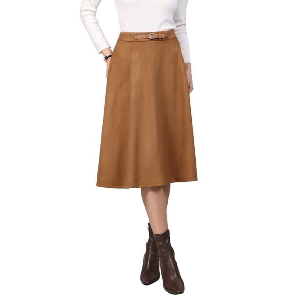 INSPIRE CHIC Falda de Mujer de Imitación de Gamuza Cintura Alta Negocios Casual Línea A Midi Faldas 2XL Marrón
