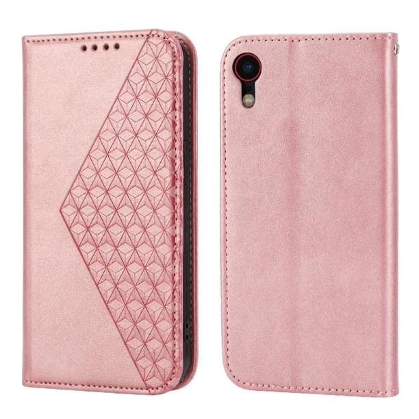 Funda Flip FOXDOCK para iPhone XR , Estilo Billetera con Diseño Rombo, Correa de Mano y Soporte, Uso Diario