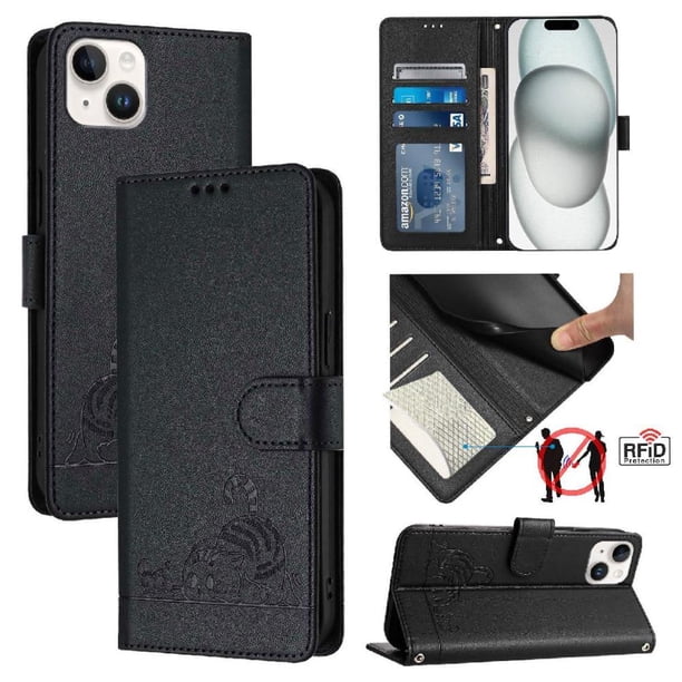 Funda tipo cartera FOXDOCK para iPhone 15 Plus con soporte, ranuras, RFID, diseño de gato