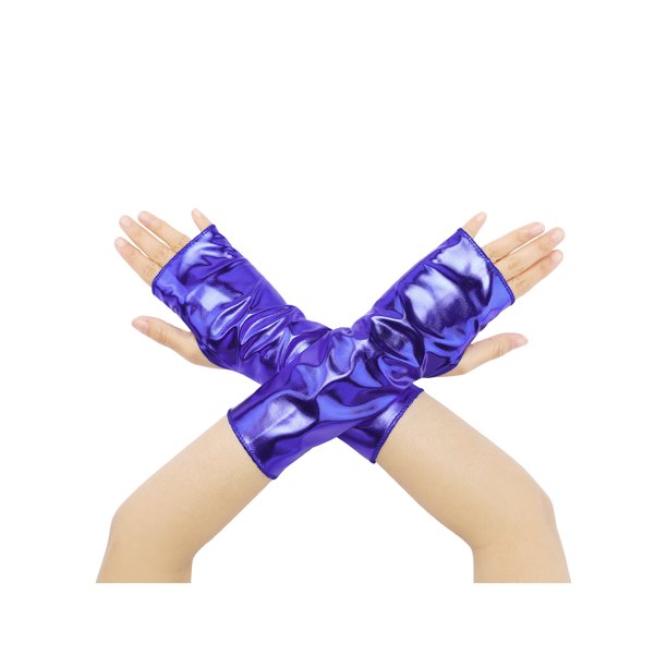 INSPIRE CHIC Guantes cortos sin dedos metálicos brillantes para mujer, calentadores de brazos brillantes para cosplay de Halloween, 1 par, azul, talla única