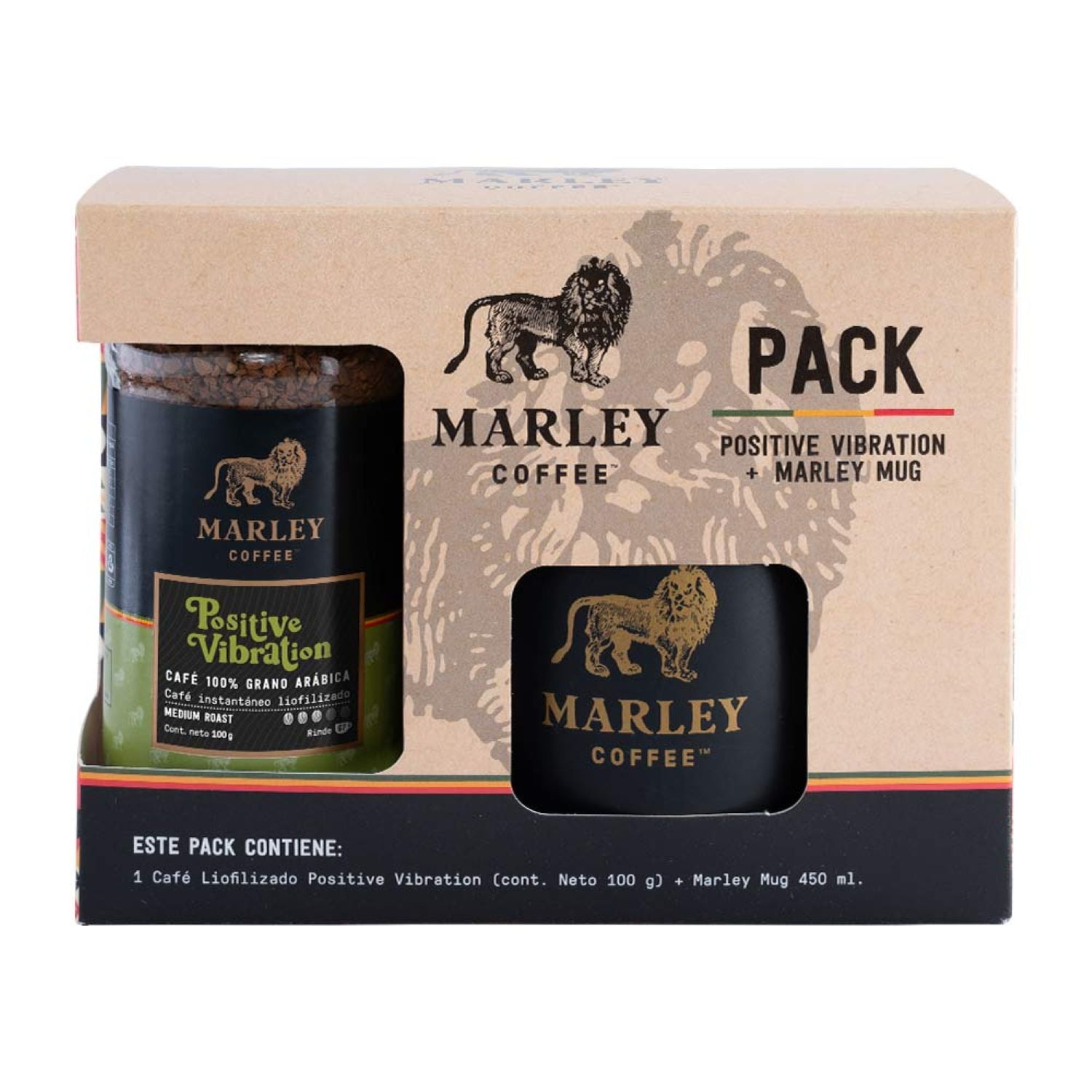 Marley Coffee - Pack Café Liofilizado Positive Vibration 100g + Marley Mug Negro
