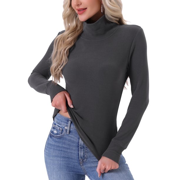 INSPIRE CHIC Camisetas de Cuello Alto para Mujer, Camisetas de Manga Larga de Cuello Simulado, Camiseta Térmica Cálida de Otoño e Invierno, Capa Básica, Talla S, Gris