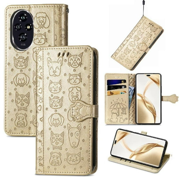 Funda Cartera FOXDOCK para Honor 200 Pro , Flip PU con Relieve de Gatos y Perros, Tarjetero y Soporte