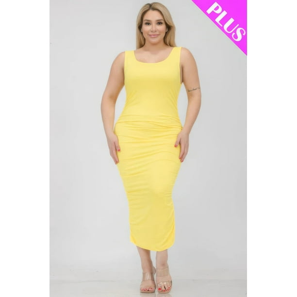 Saronite Vestido Midi Ajustado sin Mangas, Elástico, Fruncido y con Escote Cuadrado, Color Amarillo (Talla Grande para Mujer)