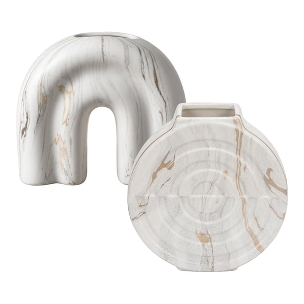 Set 2 Floreros Jarron de Ceramica Diseño Tipo Marmol Moderno crema