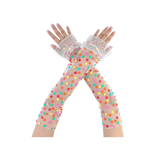 Calentadores de brazos largos de encaje para mujer INSPIRE CHIC Mangas de ópera plisadas sin dedos con lazo y lunares para fiesta vintage, cosplay y baile Blanco2