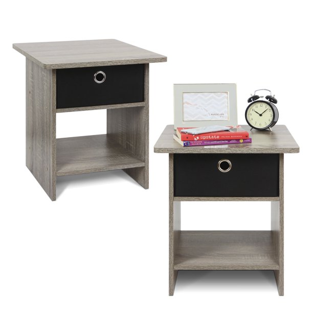 Mesa auxiliar Furinno Dario con cajón de almacenamiento, pack de 2, roble francés gris/negro