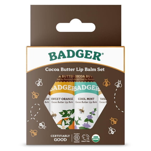 Set de bálsamo labial Badger, manteca de cacao orgánica de comercio justo, paquete de 4